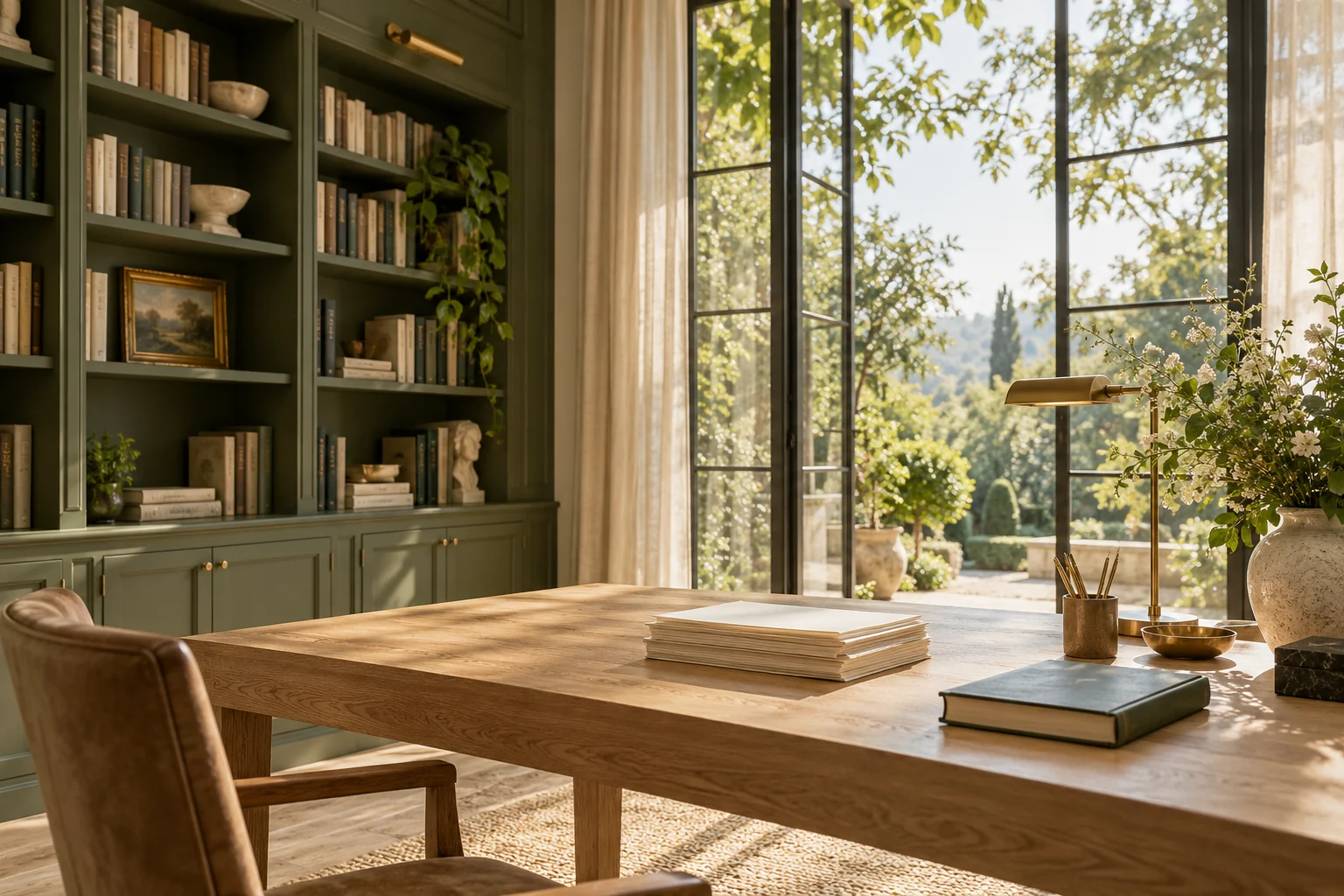 A sunlit oak writing desk in an elegant library workspace