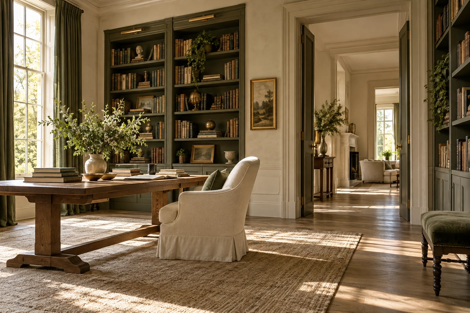 A light-filled study with classic bookshelves and an ivory chair
