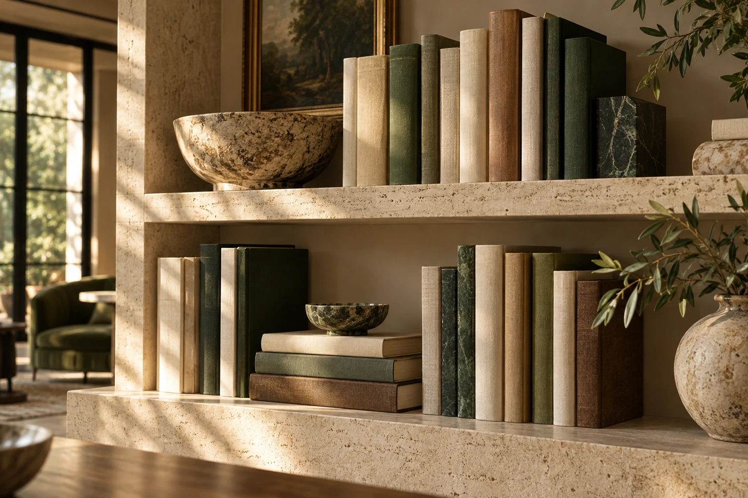 An artistic still life of cream and green hardcover books