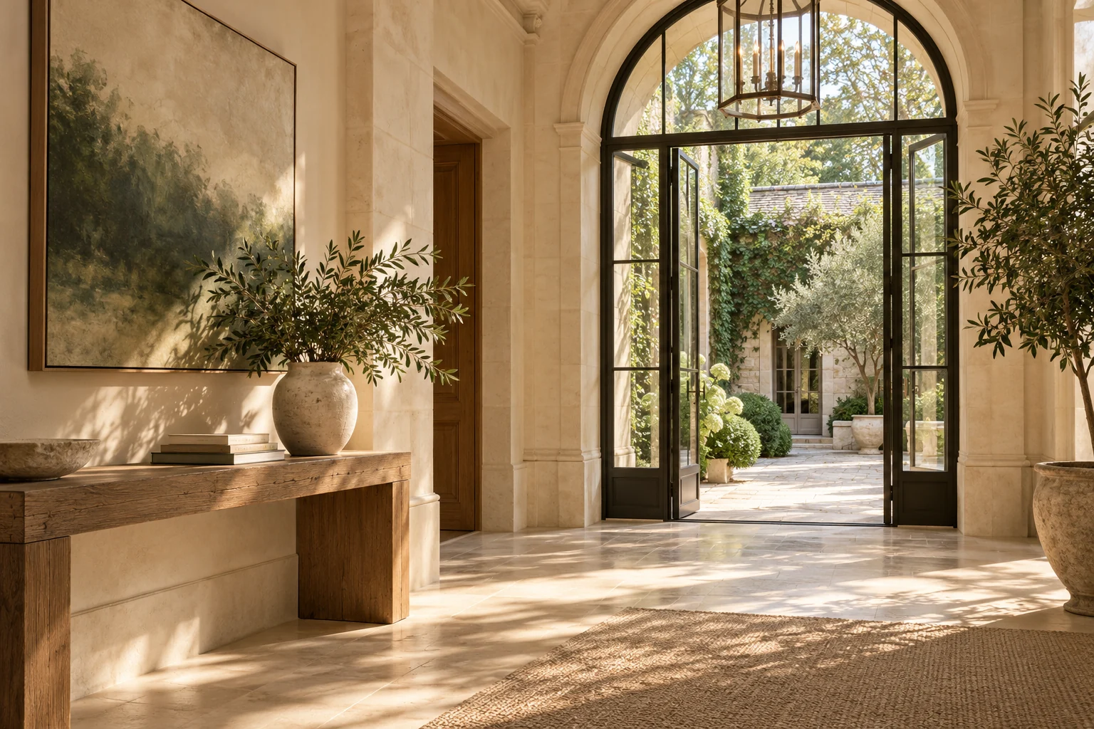 A welcoming limestone archway opening toward a calm courtyard