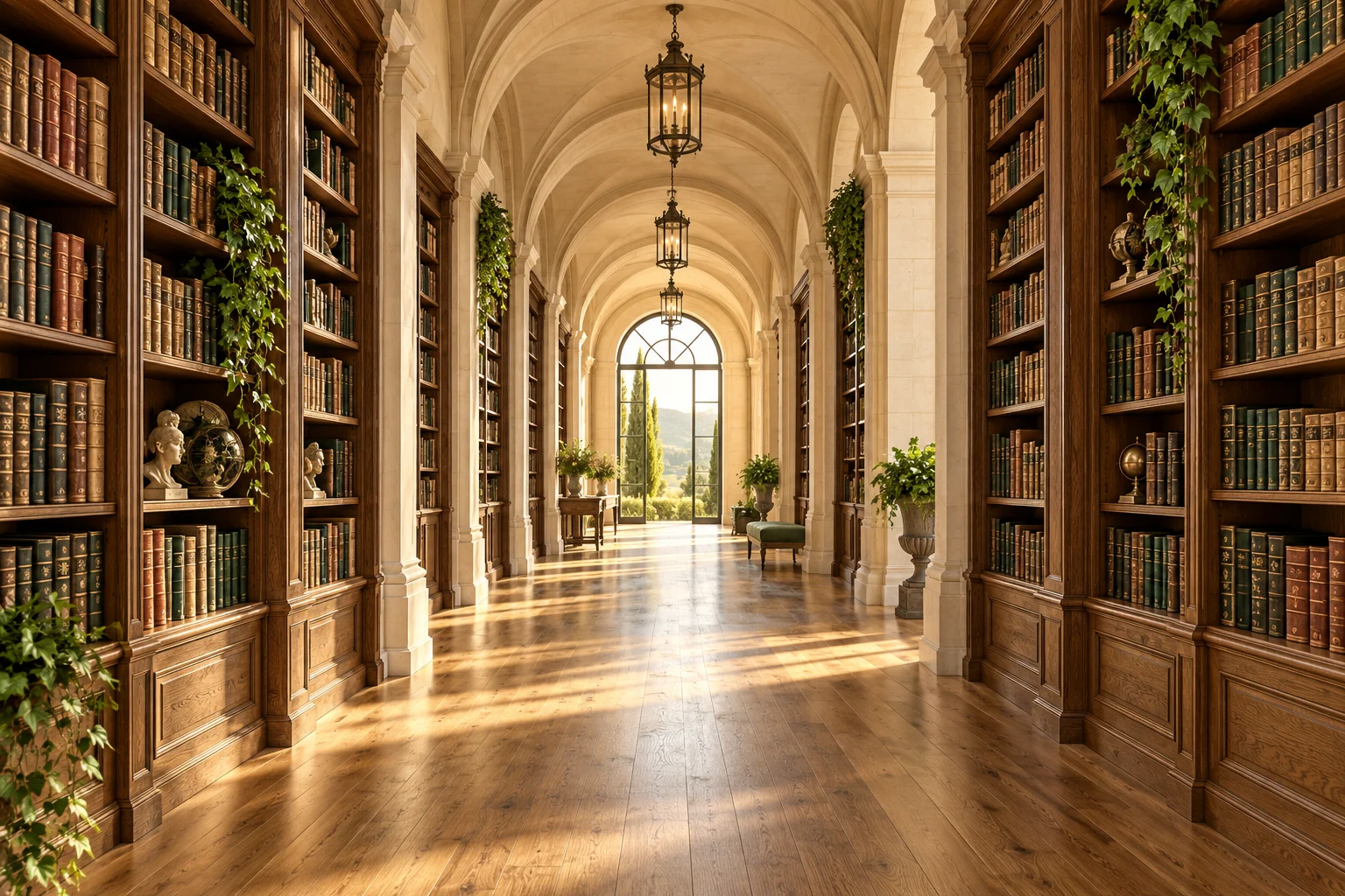 A luminous library corridor lined with books and stone arches