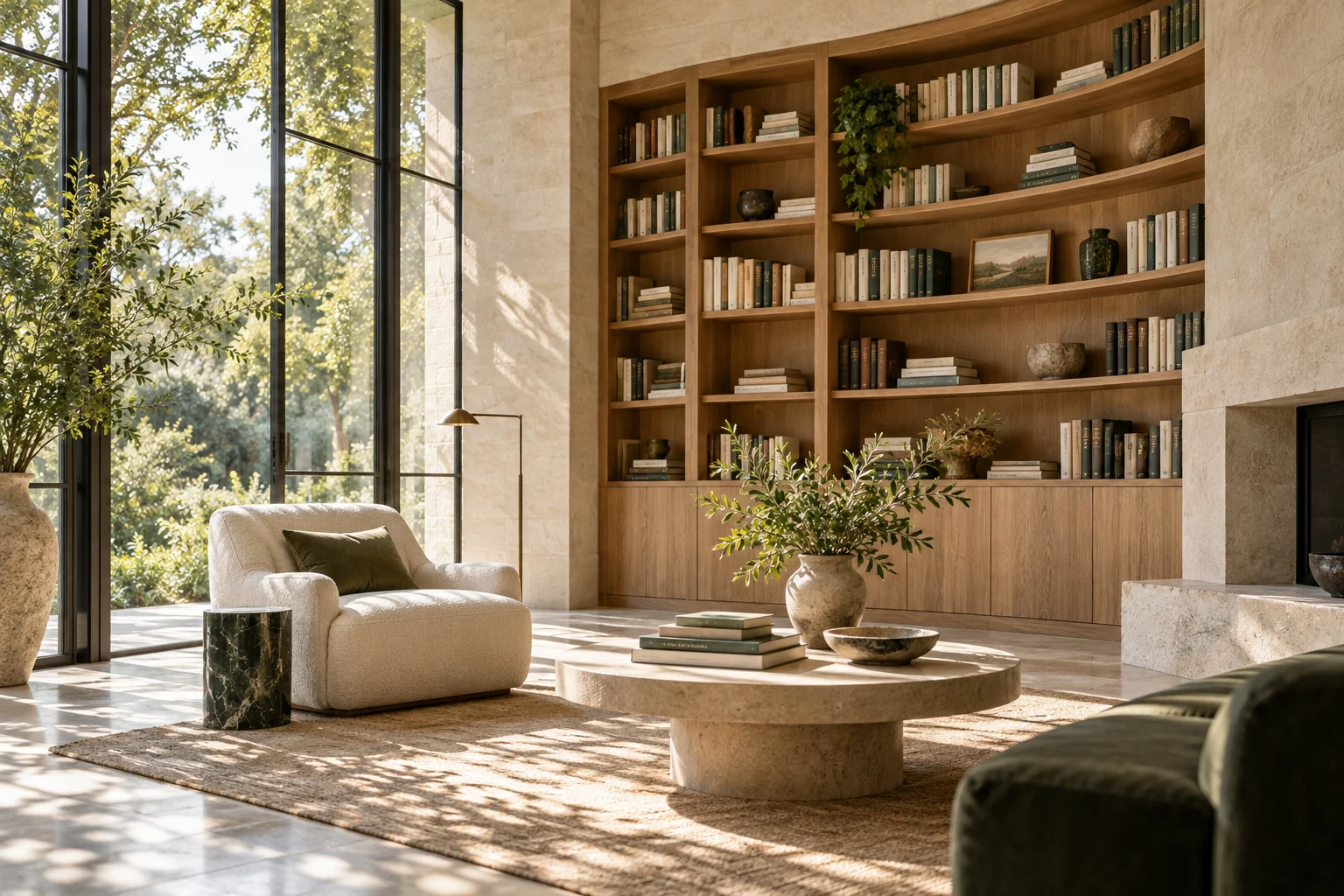 A bright contemporary reading room with curved oak shelves