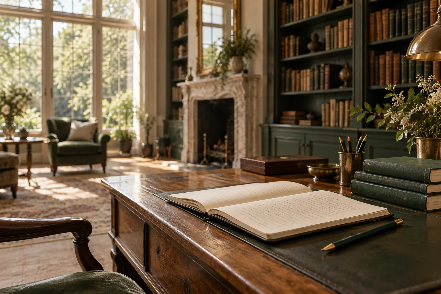 Manuscript pages and clothbound books on an editorial desk